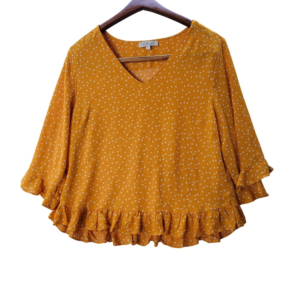 Rachel‎ Zoe Heart Print Blouse Womens Large Yellow V-Neck Ruffle Hem Excellent
